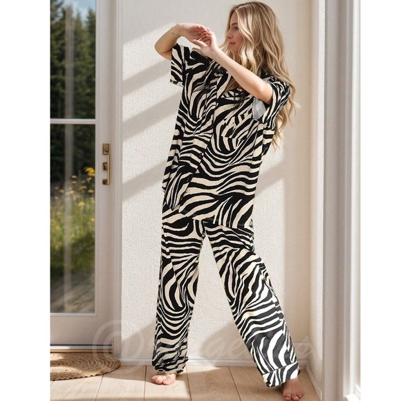 Zebra Print White Black Pajama Set 2 Piece Button Up Shirt and Pants - Picture 4 of 13